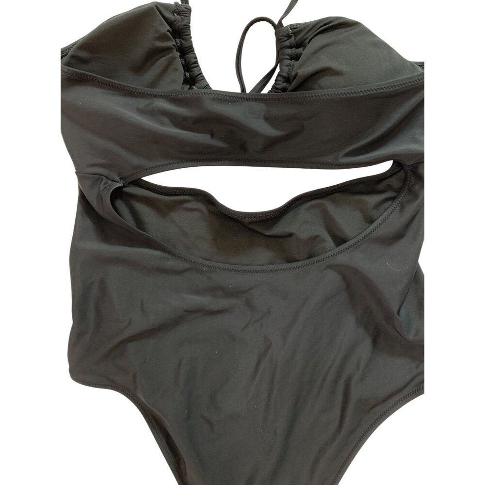 Aerie Black Bandeau One-Piece Swimsuit M/L RY10392 Cutout Halter Island Cruise - Picture 4 of 7